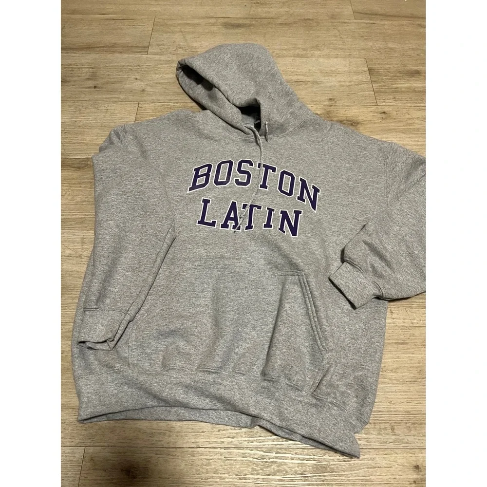 Boston Latin School BLS Hoodie‎ Mens Large Gray Purple Pullover High School BPD